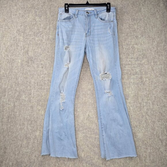 Almost Famous Light Blue Womens Distressed Flared Jeans Size 9 - Picture 1 of 9